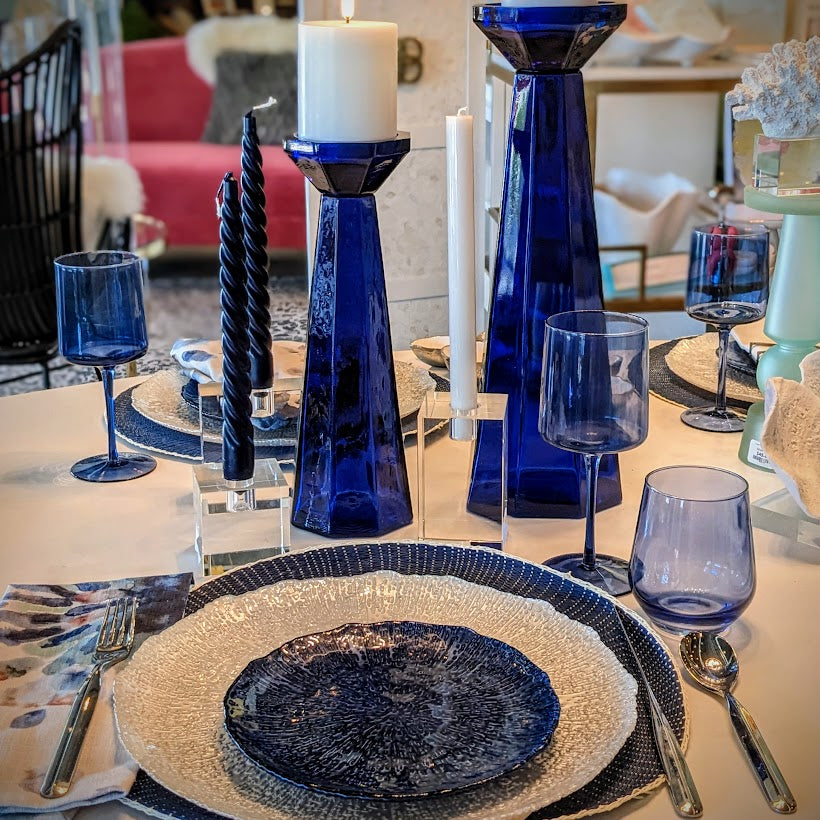 Our tablescape setting featuring cobalt blue and shimmering white pieces from our Lakeway boutique