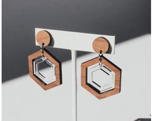 Cherry Wood & Acrylic Hexagonal Earrings